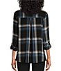 Color:Ebony Black - Image 2 - Plaid Print Woven Point Collar Roll-Tab Sleeve A-Line Swing Popover Tunic