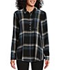 Color:Ebony Black - Image 3 - Plaid Print Woven Point Collar Roll-Tab Sleeve A-Line Swing Popover Tunic