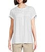 Color:Bright White - Image 1 - Pleated Yoke Band Round Neckline Cuffed Short Sleeve Half Button Front Placket Popover Shirt