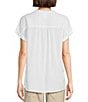 Color:Bright White - Image 2 - Pleated Yoke Band Round Neckline Cuffed Short Sleeve Half Button Front Placket Popover Shirt