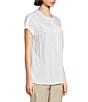 Color:Bright White - Image 3 - Pleated Yoke Band Round Neckline Cuffed Short Sleeve Half Button Front Placket Popover Shirt