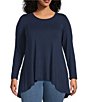 Color:Ink - Image 1 - Plus Size Solid Pleat Back Round Neck Long Sleeve Swing Top