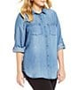 Color:Medium Blue - Image 1 - Plus Size Button Front Slub Point Collar Roll-Tab Long Sleeve Lyocell Shirt