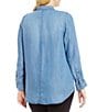 Color:Medium Blue - Image 2 - Plus Size Button Front Slub Point Collar Roll-Tab Long Sleeve Lyocell Shirt