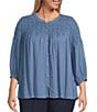 Intro Plus Size Crinkle Gauze Crew Neck 3/4 Sleeve Smocked Romantic Button Front Blouse, Color:Blue Horizon - Image 1
