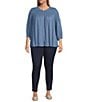 Intro Plus Size Crinkle Gauze Crew Neck 3/4 Sleeve Smocked Romantic Button Front Blouse, Color:Blue Horizon - Image 3