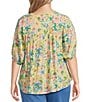 Intro Plus Size Crinkle Gauze Floral Crew Neck Elbow Sleeve Smocked Detail Button-Front Blouse, Color:Pale Banana - Image 2