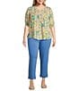 Intro Plus Size Crinkle Gauze Floral Crew Neck Elbow Sleeve Smocked Detail Button-Front Blouse, Color:Pale Banana - Image 3