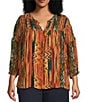 Intro Plus Size Crinkle Gauze Ikat Print Crew Neck 3/4 Sleeve Smocked Detail Button Front Blouse, Color:Fir Green - Image 1