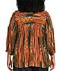 Intro Plus Size Crinkle Gauze Ikat Print Crew Neck 3/4 Sleeve Smocked Detail Button Front Blouse, Color:Fir Green - Image 2