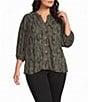 Intro Plus Size Crinkle Gauze Olive Sprig Banded Y Neck 3/4 Sleeve Button Front Top - Image 1