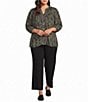 Intro Plus Size Crinkle Gauze Olive Sprig Banded Y Neck 3/4 Sleeve Button Front Top - Image 3