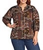 Intro Plus Size Crinkle Gauze Patchwork Banded Y Neck 3/4 Sleeve Button Front Top - Image 1