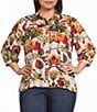 Intro Plus Size Crinkle Woven Printed Point Collar 3/4 Puff Sleeve Button Front Placket Shirt - Image 1