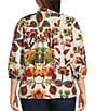 Intro Plus Size Crinkle Woven Printed Point Collar 3/4 Puff Sleeve Button Front Placket Shirt - Image 2