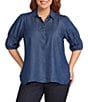 Intro Plus Size Denim Collared Double Puff Elbow Length Sleeve Half Placket Top - Image 1