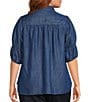 Intro Plus Size Denim Collared Double Puff Elbow Length Sleeve Half Placket Top - Image 2