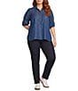 Intro Plus Size Denim Collared Double Puff Elbow Length Sleeve Half Placket Top - Image 3