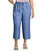 Intro Plus Size Elara Embroidered Hem Drawstring Tie Pull-On Denim Capri Pants - Image 1