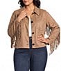 Intro Plus Size Faux Suede Fringe Point Collar Long Sleeve Jacket - Image 1