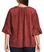 Intro Plus Size Faux Suede Split V-Neck 3/4 Ruffle Bell Sleeve Top - Image 2