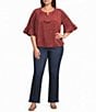 Intro Plus Size Faux Suede Split V-Neck 3/4 Ruffle Bell Sleeve Top - Image 3