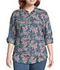 Color:Sun Wash/Floral Geometric Mix Print - Image 1 - Plus Size Floral Geometric Long Roll-Tab Sleeve Button Front Point Collar Tencel Shirt