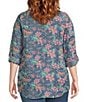 Color:Sun Wash/Floral Geometric Mix Print - Image 2 - Plus Size Floral Geometric Long Roll-Tab Sleeve Button Front Point Collar Tencel Shirt