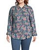 Color:Sun Wash/Floral Geometric Mix Print - Image 3 - Plus Size Floral Geometric Long Roll-Tab Sleeve Button Front Point Collar Tencel Shirt