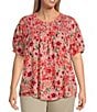 Color:Hot Coral Floral Print - Image 1 - Plus Size Floral Print Frill Scoop Neck Short Sleeve Smocked Yoke Lace Inset Half-Button Front Top