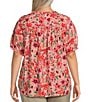 Color:Hot Coral Floral Print - Image 2 - Plus Size Floral Print Frill Scoop Neck Short Sleeve Smocked Yoke Lace Inset Half-Button Front Top