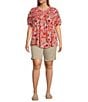 Color:Hot Coral Floral Print - Image 3 - Plus Size Floral Print Frill Scoop Neck Short Sleeve Smocked Yoke Lace Inset Half-Button Front Top