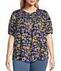 Color:Royal Blue Floral Print - Image 1 - Plus Size Floral Printed Scoop Neck Short Sleeve Smocked Yoke Lace Inset Half-Button Front Top