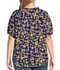Color:Royal Blue Floral Print - Image 2 - Plus Size Floral Printed Scoop Neck Short Sleeve Smocked Yoke Lace Inset Half-Button Front Top