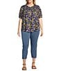 Color:Royal Blue Floral Print - Image 3 - Plus Size Floral Printed Scoop Neck Short Sleeve Smocked Yoke Lace Inset Half-Button Front Top