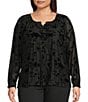 Intro Plus Size Floral Split V-Neck Long Sleeve Ruffle Blouse, Color:Ebony Black - Image 1