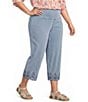 Intro Plus Size Knit Denim Wash Schiffli Straight Leg Hem Pull-On Pants - Image 1