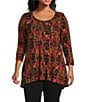 Intro Plus Size Knit Jersey Abstract Geo Print 3/4 Sleeve Pleated Neck Tee, Color:Sundried Tomato - Image 1