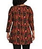 Intro Plus Size Knit Jersey Abstract Geo Print 3/4 Sleeve Pleated Neck Tee, Color:Sundried Tomato - Image 2