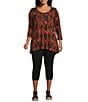 Intro Plus Size Knit Jersey Abstract Geo Print 3/4 Sleeve Pleated Neck Tee, Color:Sundried Tomato - Image 3