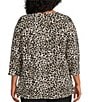 Intro Plus Size Knit Jersey Animal Print 3/4 Sleeve Pleated Neck Tee, Color:Animal Print - Image 2
