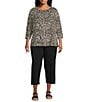 Intro Plus Size Knit Jersey Animal Print 3/4 Sleeve Pleated Neck Tee, Color:Animal Print - Image 3