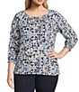 Intro Plus Size Knit Jersey Ink Geometric Print Scoop Neck 3/4 Sleeve Blouse, Color:Ink Geometric - Image 1