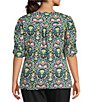 Intro Plus Size Knit Jersey Jacobean Watercolor Crew Neck Elbow Ruched Sleeve Top - Image 2
