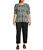 Intro Plus Size Knit Jersey Jacobean Watercolor Crew Neck Elbow Ruched Sleeve Top - Image 3