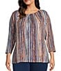 Intro Plus Size Knit Jersey Sand Abstract Stripe 3/4 Sleeve Pleated Neck Tee, Color:Sand - Image 1