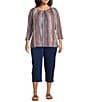 Intro Plus Size Knit Jersey Sand Abstract Stripe 3/4 Sleeve Pleated Neck Tee, Color:Sand - Image 3