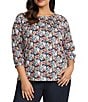 Intro Plus Size Knit Jersey Teal Abstract Print Scoop Neck 3/4 Sleeve Blouse, Color:Teal - Image 1