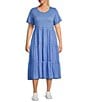 Color:Cornflower - Image 1 - Plus Size Knit Short Sleeve Tiered A-Line Midi Dress