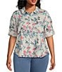 Color:Nimbus - Image 1 - Plus Size Linen Blend Floral Point Collar 3/4 Roll-Tab Sleeve Button-Front Shirt